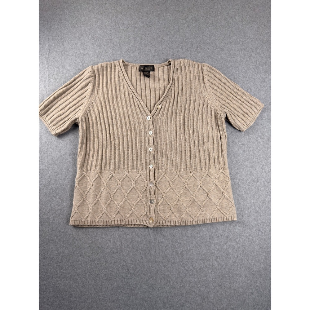 Van Heusen Women Tan Beige Ribbed Diamond Knit Short Sleeve Cardigan Sweater L